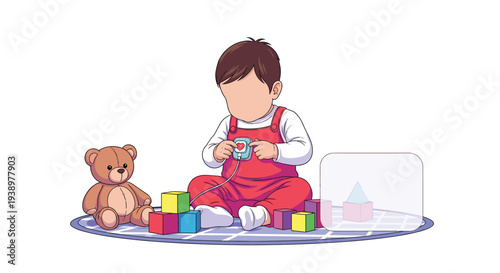 A baby with a portable heart monitor sits on a playmat with a teddy bear and blocks, illustrating pediatric home healthcare
