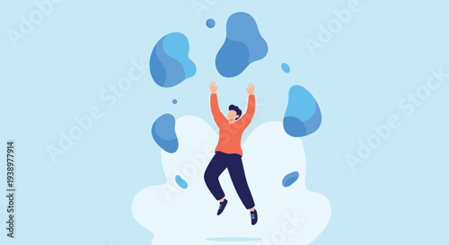 Energetic person jumping for joy surrounded by floating blue abstract shapes on a light blue background for happiness.