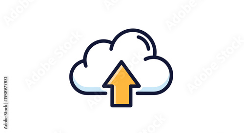 Cloud storage and data upload icon featuring a fluffy white cloud with a bright yellow upward pointing direction arrow.