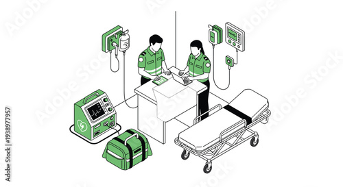 An isometric view of two paramedics working at a dispatch desk surrounded by emergency medical equipment and a gurney