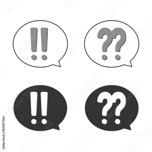Simple exclamation mark and question mark icon speech bubble　シンプルなビックリマークとハテナマークの吹き出しアイコンセット