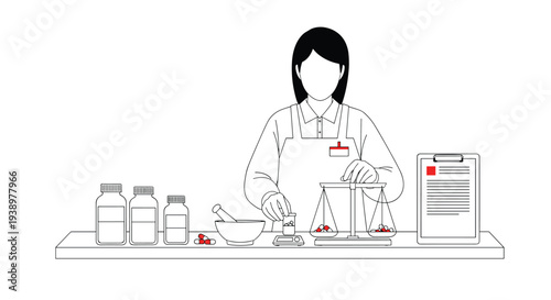 A minimalist line art drawing of a pharmacist accurately weighing medication on a balance scale in a clean pharmacy setting
