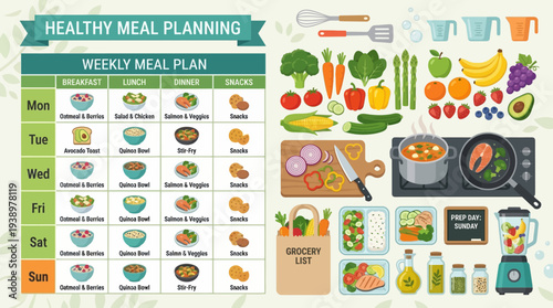Healthy weekly meal planning with fresh ingredients and balanced nutrition