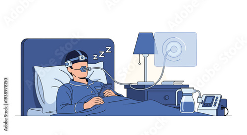 A man with sleep apnea sleeps in bed wearing a CPAP mask connected to a machine on his nightstand for treatment.