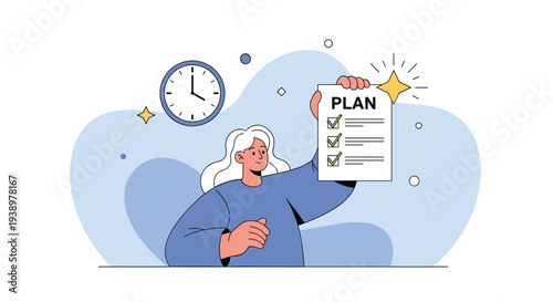 Young woman holding up her completed daily plan checklist with clock background symbolizing time management and high productivity.