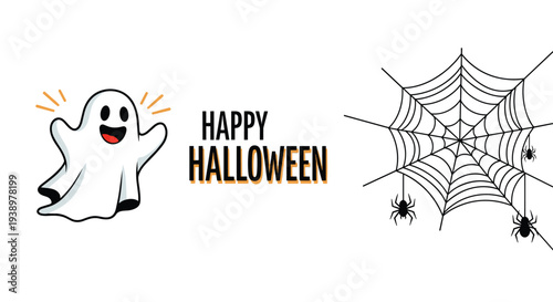 Festive halloween illustration featuring a cute white ghost and black spider webs with small spiders for holiday celebration party.