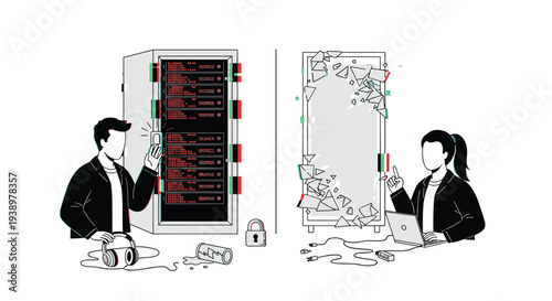 A split-panel illustration shows a man accessing a server rack with a phone on the left, and a woman pointing at a shattered empty space on the right.