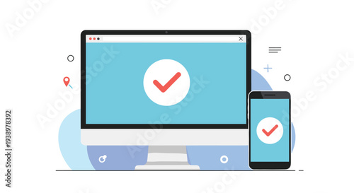 Computer monitor and mobile phone displaying successful verification checkmark symbolizing device synchronization and task completion.