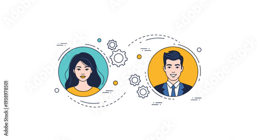 Stylized avatars of a man and woman connected by rotating gears symbolizing professional collaboration and business teamwork synergy.