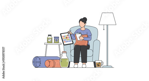 A woman sits in an armchair holding a clipboard and a tablet with a color palette, surrounded by wellness items like supplements and a yoga mat.