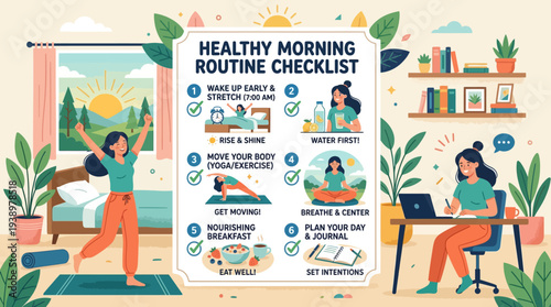 Woman following healthy morning routine checklist at home