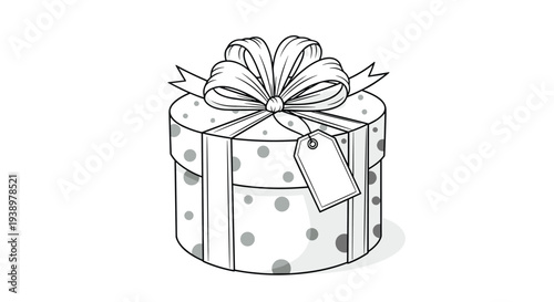 Hand drawn illustration of a round polka dot gift box tied with a large decorative bow and a blank name tag for celebrations.