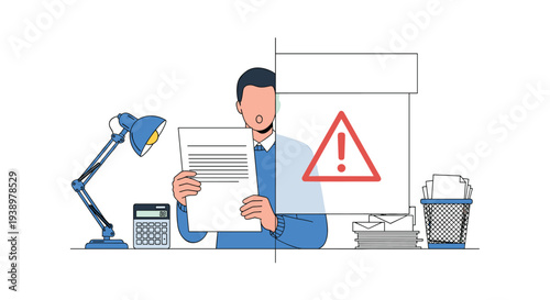 A shocked man at his desk holds a document, with a split-screen view revealing a large red warning sign symbolizing a problem or error.