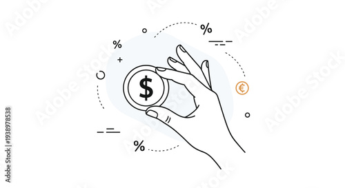 Hand holding a dollar coin surrounded by floating percentage symbols representing financial commissions and global currency exchange.