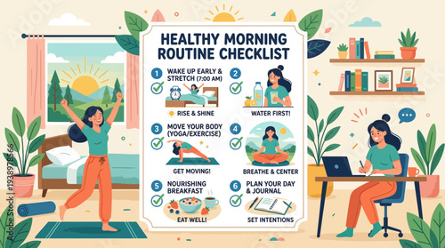 Woman following healthy morning routine checklist at home