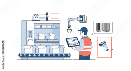 A factory worker uses a tablet to manage an automated production line with a robotic arm and conveyor belt system.