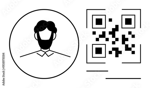 Digital identity, authentication systems, personal profiles, QR code scanning, contact sharing, modern technology. Minimalist profile icon and QR code. Digital identity and authentication systems
