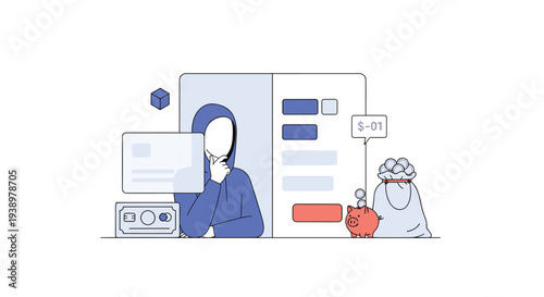 A hooded hacker uses a computer and credit card for a financial transaction, illustrated with a piggy bank and a bag of money.