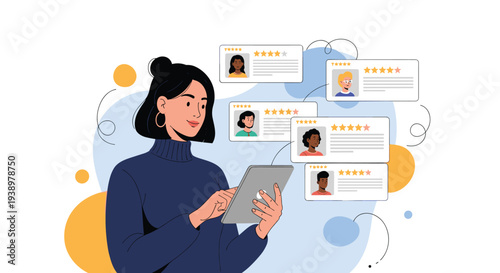 Business professional evaluating customer reviews on a digital tablet representing reputation management and service feedback.