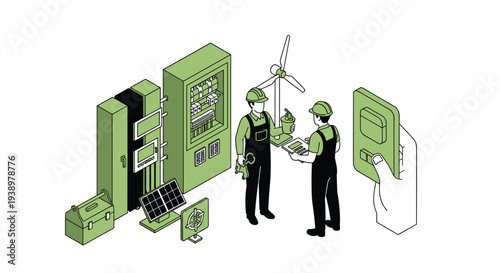 Two technicians in hard hats and overalls inspect green energy equipment including a solar panel and wind turbine in an isometric illustration.