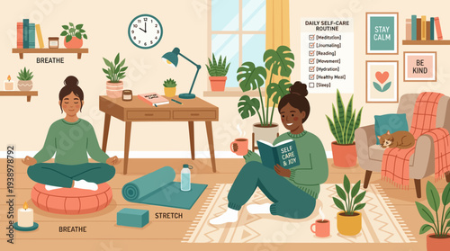 Women practicing self-care and mindfulness at home with plants
