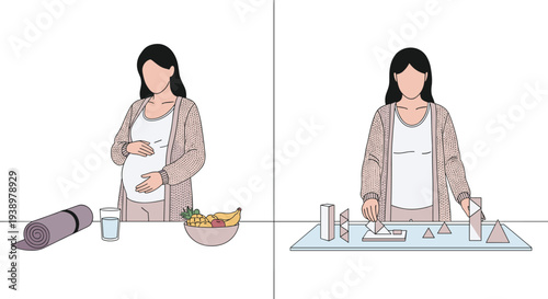 A two-panel illustration shows a pregnant woman practicing self-care with healthy food and later engaging in a cognitive puzzle activity.
