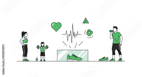 A fit family exercises around a central display of a running shoe, with health icons like a heart and EKG line above it.