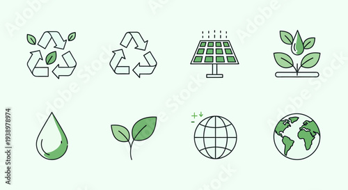 Comprehensive eco-friendly sustainability icons collection, featuring diverse symbols for recycling, solar energy, water conservation, and natural growth, embodying environmental protection efforts