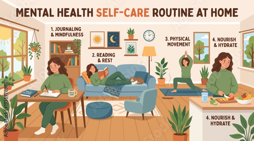 Woman practices mental health self-care routine at home with mindfulness and relaxation