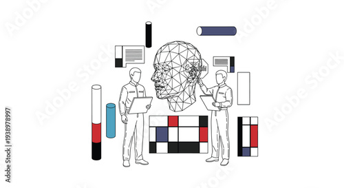 Two researchers analyze a large polygonal wireframe head surrounded by abstract data charts and colorful geometric elements.