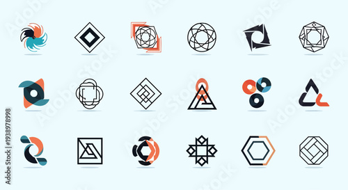 A collection of geometric abstract logos and icons featuring a variety of shapes and designs