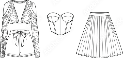 Fashion Vector Set Featuring Ruched Long Sleeve Crop Top, Tied Shorts, Boned Bustier Corset, and Pleated Mini Skirt Technical Sketches