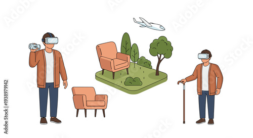 A set of illustrations shows a young man and an elderly man using VR headsets for virtual travel and experiences.