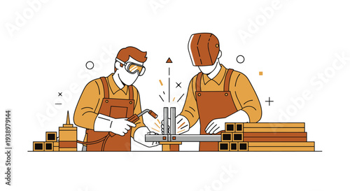 Two professional welders in protective aprons and helmets work together to fuse metal beams with a torch in a workshop setting.