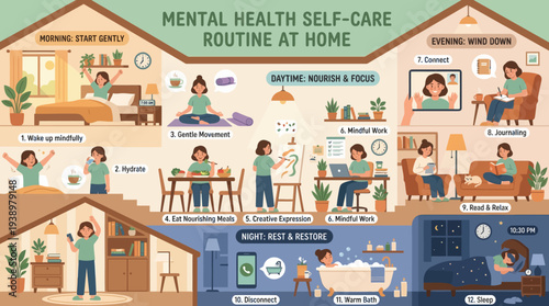 Mental health self-care routine at home for a happy life