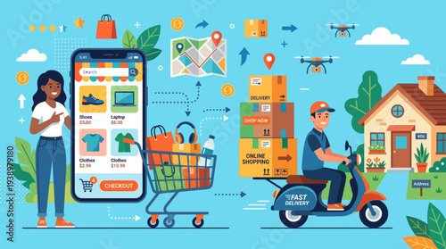 Woman shopping online with smartphone and delivery by scooter