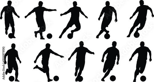 Silhouette of soccer players in various poses on white background