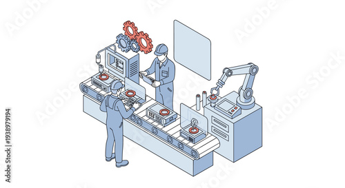 Factory workers oversee an automated assembly line with a robotic arm and computer interface in a modern manufacturing plant illustration.