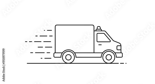 Simple black and white line drawing of a speeding delivery truck representing fast logistics and express express shipping services.