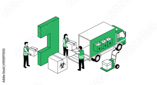 An isometric illustration shows workers loading boxes marked with a biohazard symbol onto a truck for safe medical waste disposal.