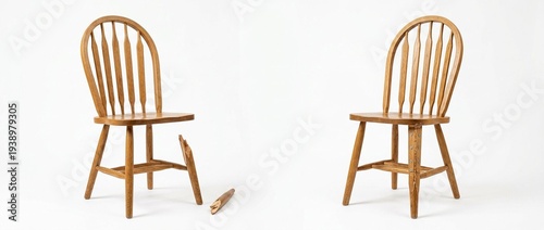 Wooden Chair with Broken Leg Next to the Same Chair Repaired with Screws and Wood Glue