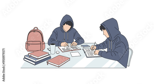Two students wearing matching blue hoodies sit side-by-side at a desk, diligently writing in their notebooks with books and a backpack nearby.