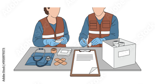 Two medical volunteers in brown vests and blue gloves organize first aid supplies at a table, with one writing on a clipboard and the other handling items.