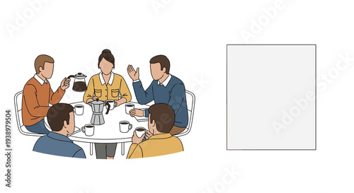 A group of five colleagues sits around a circular table during a coffee break, engaging in conversation while pouring and drinking from moka pots.