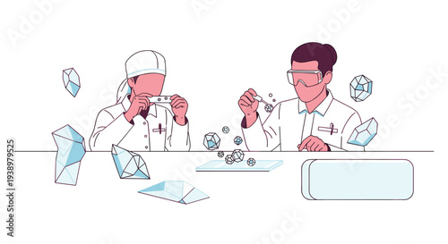 Two researchers in a cleanroom environment, wearing protective gear, carefully inspect and analyze small, multifaceted crystals floating around their workspace.
