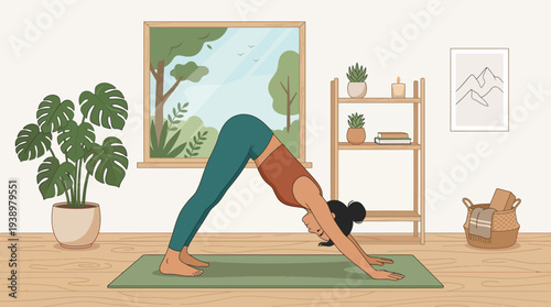 Woman practicing yoga in serene home environment