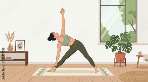 Woman practicing yoga in serene home environment