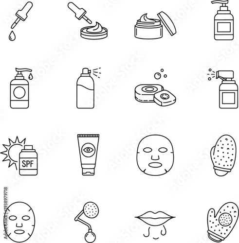 Dermatology Skincare Routine Essentials with Sunscreen Sheet Masks and Beauty Product Therapy Hand Drowing Vector line Icon Set