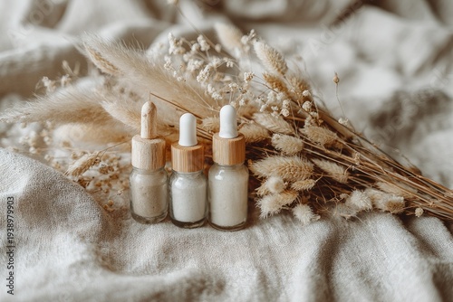 Three small serum bottles with droppers sit on neutral fabric, dried plants behind
