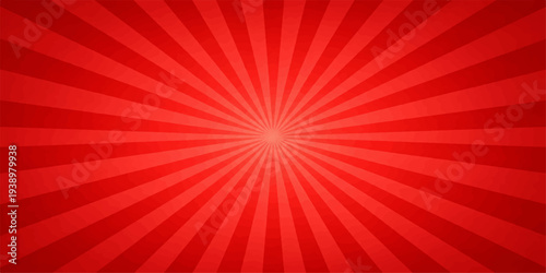 Abstract red sunburst background featuring a bright radial starburst vector illustration with orange light rays and an energetic glow design